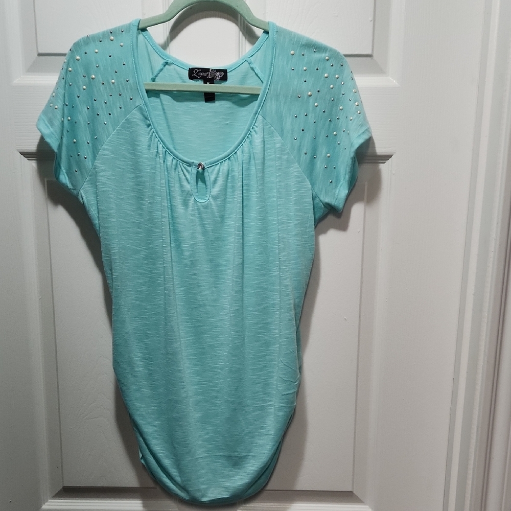 3/$10 Lena Aqua Short Sleeve Top with Studded Shoulders
